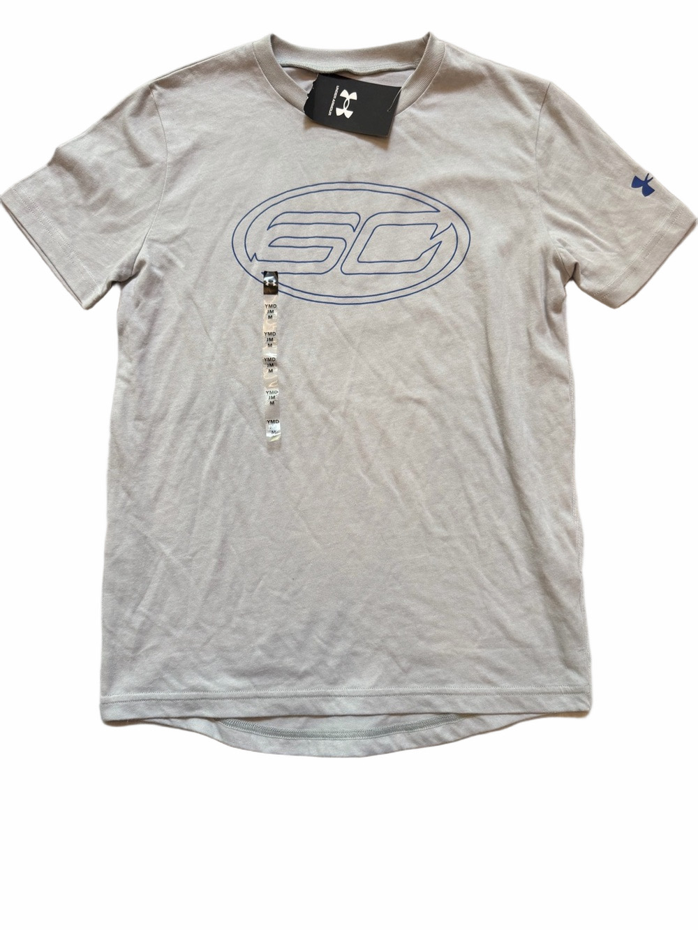 Under Armour Kid Boy Medium Short Sleeve SC Logo T-Shirt Light Gray/Blue BNWT
